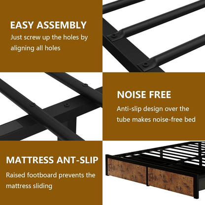 Farmhouse Queen Bed Frame with Bookcase Headboard and Storage Drawers, LED Lights and Charging Station, No Box Spring Needed, Noise Free, Rustic Brown