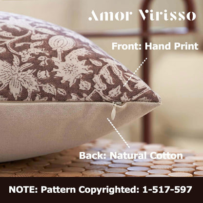 Throw Pillow Covers 20X20 Floral Pillow Covers Block Print Farmhouse Neutral Pillow Covers Decorative Accent Throw Pillows for Couch Bed Living Room Sofa Pillows 1PC, Brown