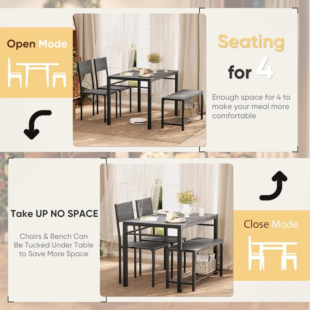 Kitchen Table and 2 Chairs for 4 with Bench, 4 Piece Dining Sets for Small Space, Dark Grey