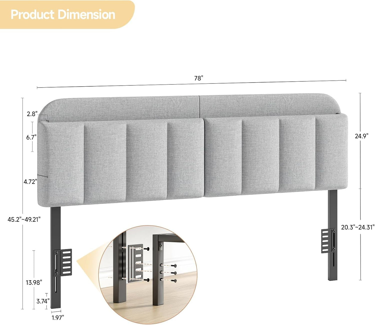 Adjustable Headboard for King/California King Size Bed Frame, Linen Fabric Bed Headboard with Storage & RGB LED Light in Modern Vertical Channel Design, Light Grey