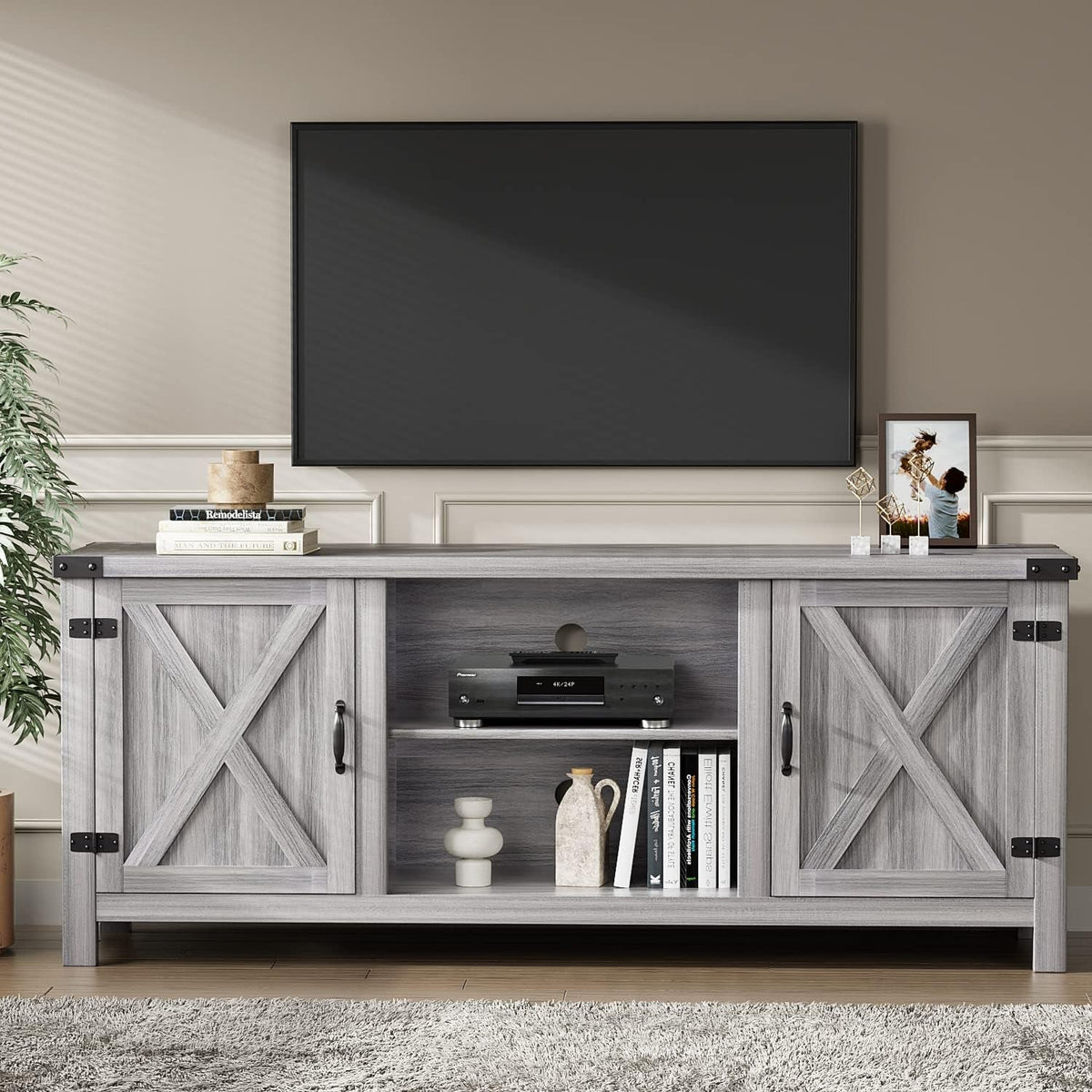 Modern Farmhouse TV Stand with Two Barn Doors and Storage Cabinets for Televisions up to 65+ Inch, Entertainment Center Console Table, Media Furniture for Living Room, 58 Inch, Gray Wash