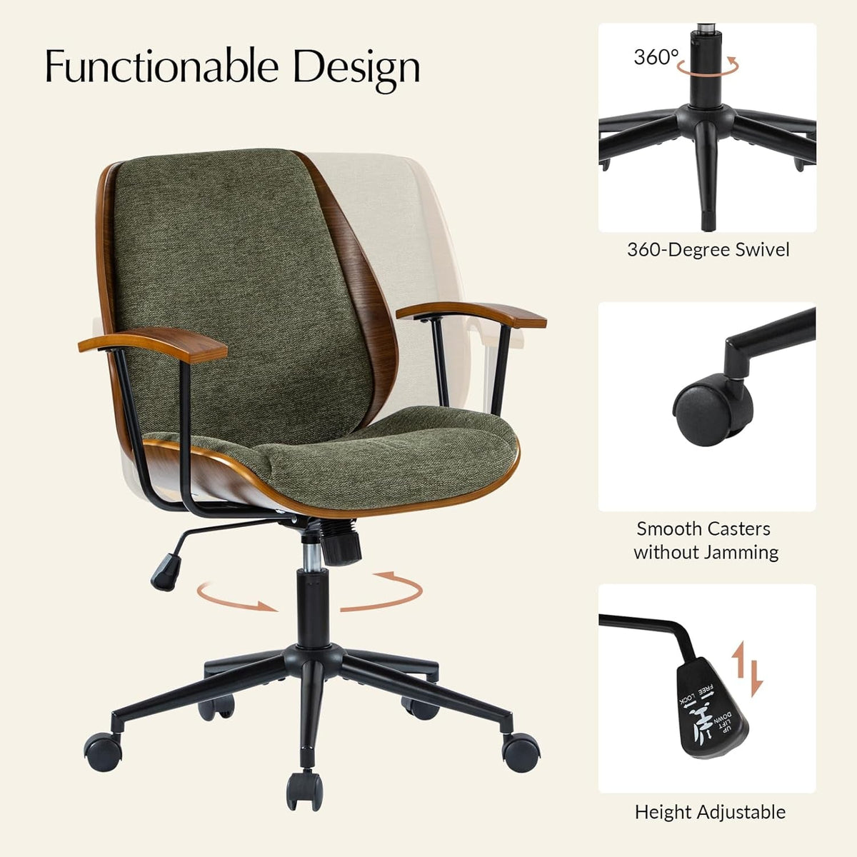 Solid Wood Office Chair with Rocking Function, Comfy Fabric Desk Chair with Bent Wood and Metal Base, Height Adjustable Swivel Computer Task Chair, Green