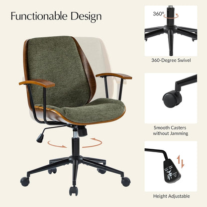 Solid Wood Office Chair with Rocking Function, Comfy Fabric Desk Chair with Bent Wood and Metal Base, Height Adjustable Swivel Computer Task Chair, Green