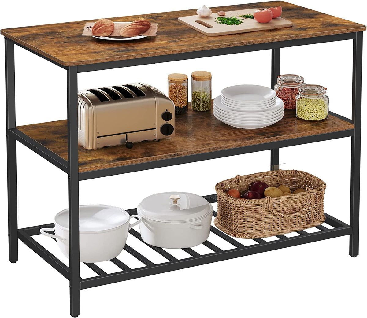 Kitchen Island with 3 Shelves, 47.2 Inches Width Kitchen Shelf with Large Worktop, Stable Steel Structure, Industrial, Easy to Assemble, Rustic Brown and Black UKKI01BX
