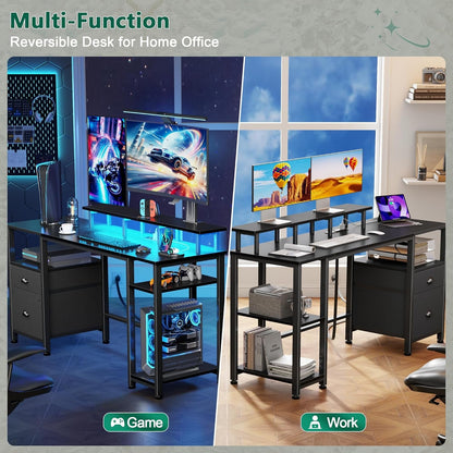 51" Gaming Desk with Power Outlets & LED Lights, Reversible Computer Desk with File Cabinet & Monitor Stand for Home Office, Large Work Table with Storage Shelves & Drawer, Black