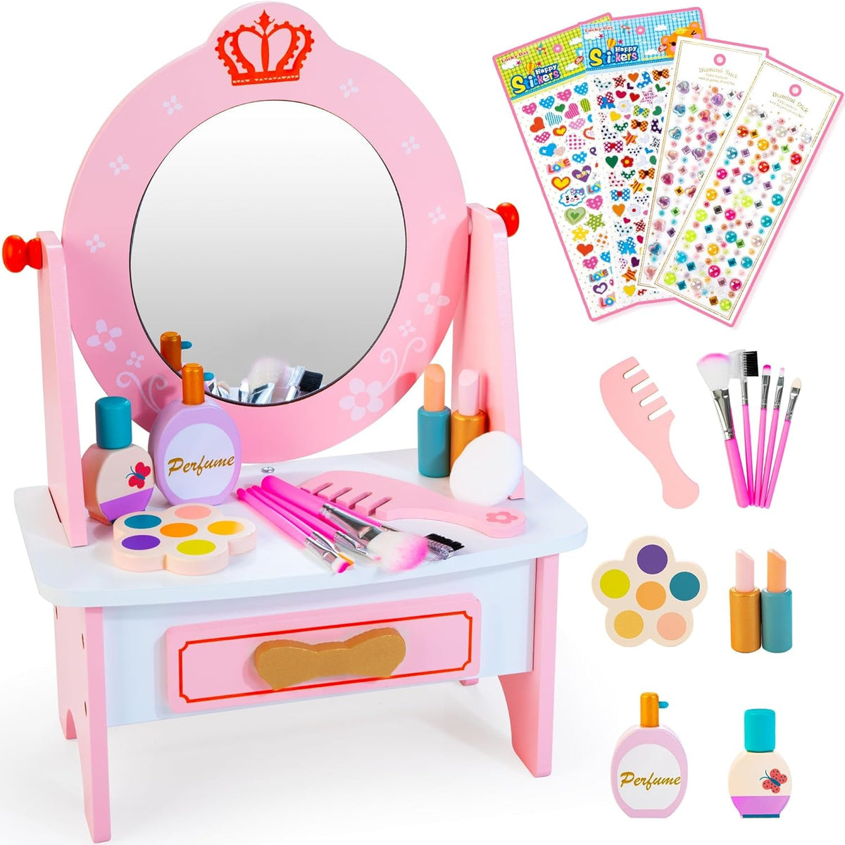 Wooden Vanity Set for Kids, Pretend Play Toddler Makeup Vanity with Acrylic Mirror, Beauty Salon Play Set for Little Girls Age 3+, Toys Gifts Includes Makeup Accessories and Bonus Stickers
