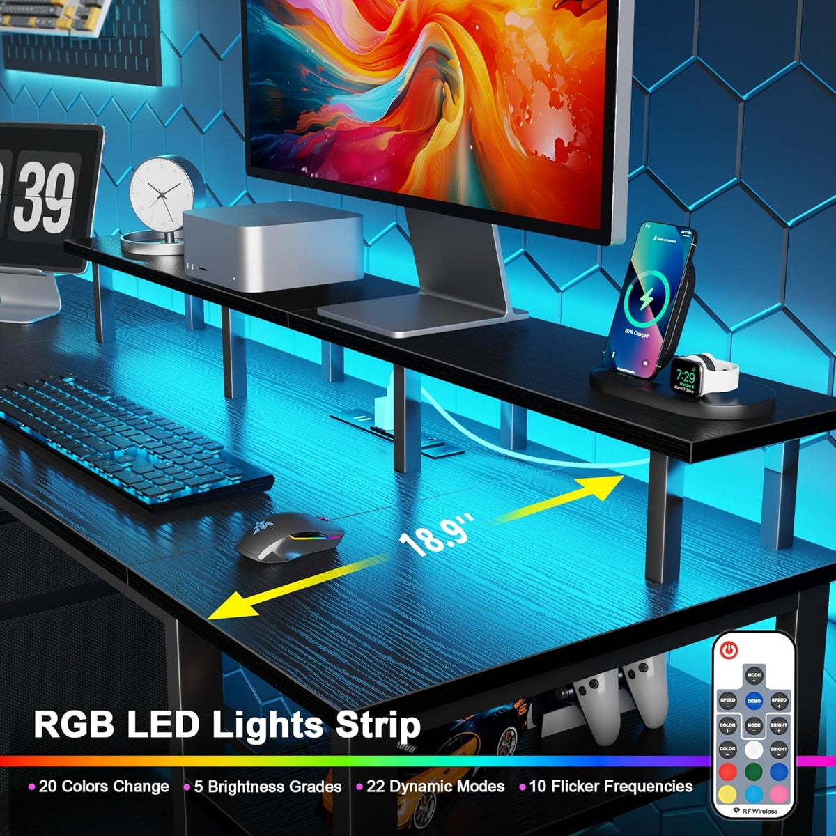 51" Gaming Desk with Power Outlets & LED Lights, Reversible Computer Desk with File Cabinet & Monitor Stand for Home Office, Large Work Table with Storage Shelves & Drawer, Black