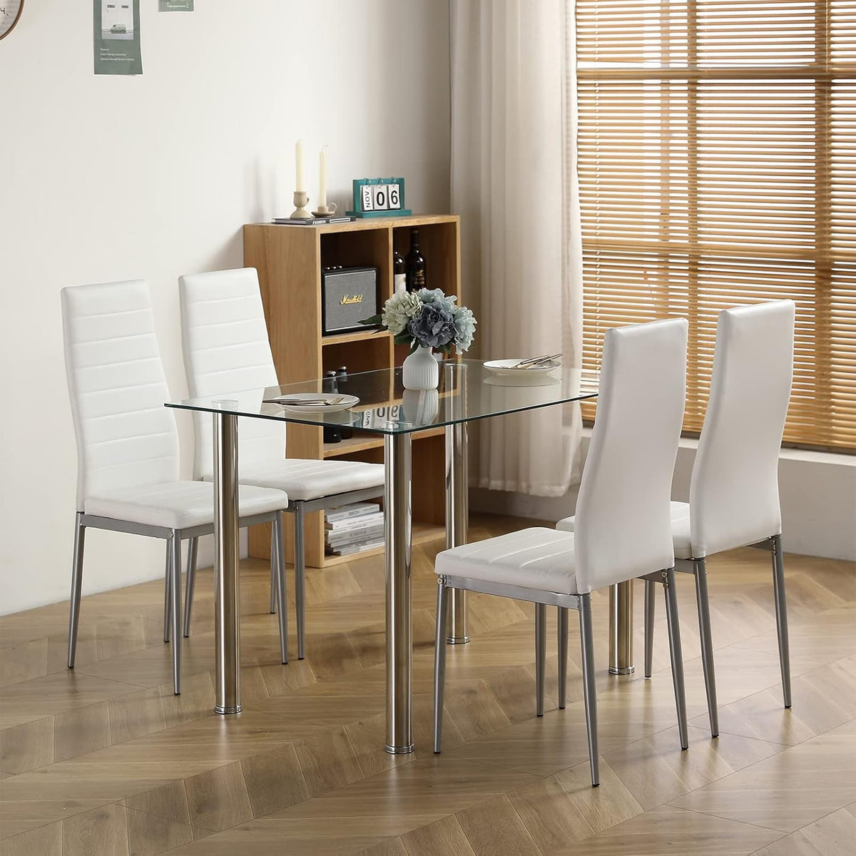 5-Piece Dining Table Set with 1 Glass Dining Table and 4 Leather Chairs, Modern Silver Dining Table Set for Kitchen & Breakfast Dining Living Room, Space Saving