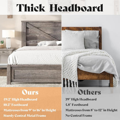 Queen Size Farmhouse Bed Frame with 49.2" Barn Door Headboard, Platform Bed Frame with Wood Slats, under Bed Storage Space, Easy Assembly, Noisy Free, Rustic Gray