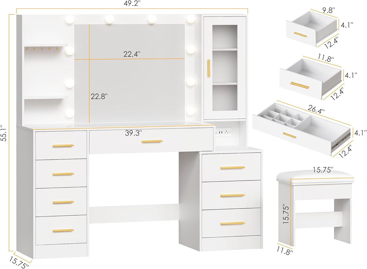 49.2" Large Vanity Desk with Mirror and Lights White Makeup Vanity Desk with Glass Top and Power Outlet 8 Drawers Nightstand 5 Hooks Vanity Table with Stool for Bedroom Women Girls UBDT88W