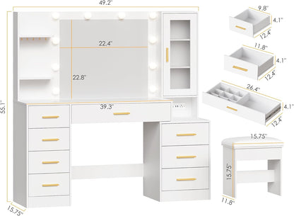 49.2" Large Vanity Desk with Mirror and Lights White Makeup Vanity Desk with Glass Top and Power Outlet 8 Drawers Nightstand 5 Hooks Vanity Table with Stool for Bedroom Women Girls UBDT88W