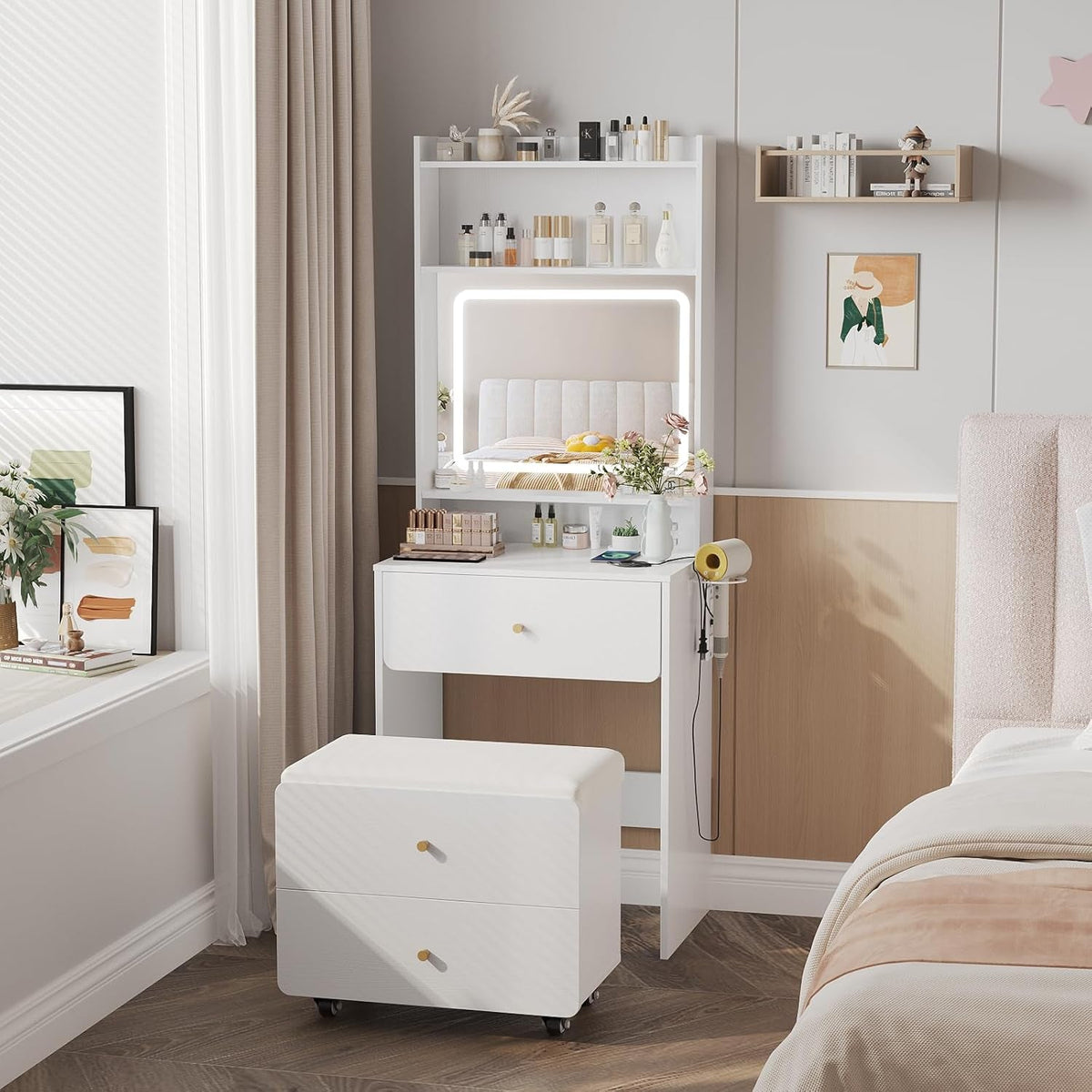 Make up Vanity Desk with Mirror and Lights, White Vanity Table Set with Charger Station,Girls Small Vanity and Storage Chair