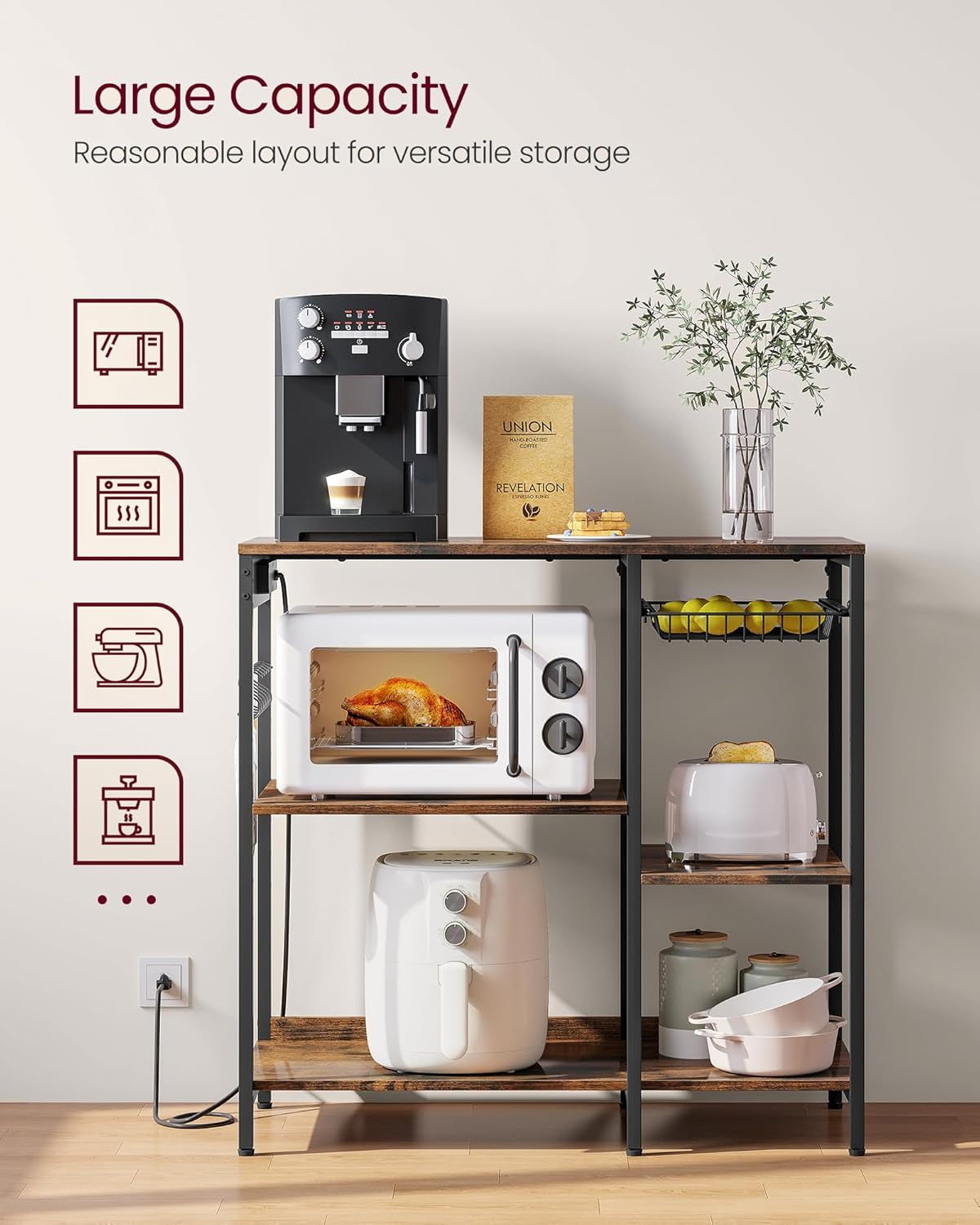 Baker'S Rack, Coffee Bar Stand with Charging Station, 35.6 Inches Tall, Storage Shelves, Pull-Out Wire Basket, Table for Microwave, Kitchen, Rustic Brown and Ink Black UKKS036K01