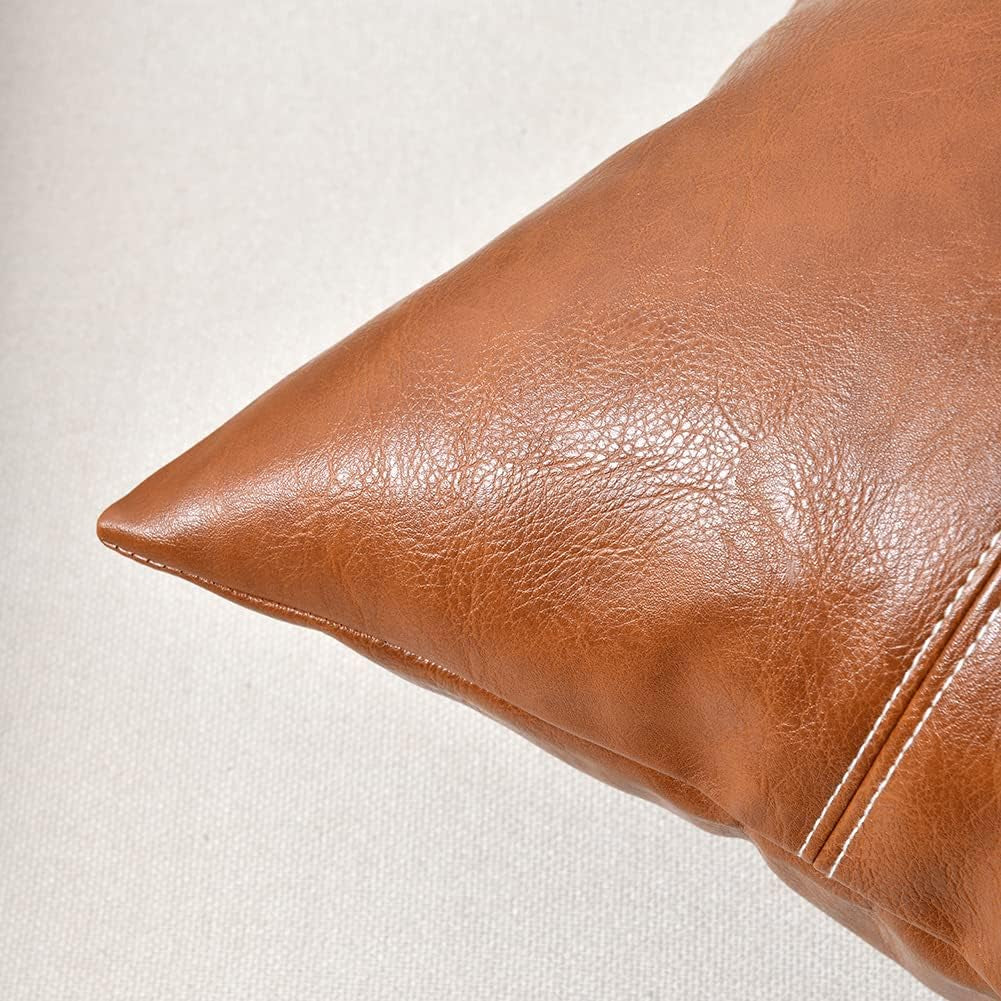 2 Packs Brown Boho Lumbar Faux Leather Decorative Throw Pillow Covers 12X20 Inch for Living Room Couch Bed Sofa, Hand Stitched Rectangle Cushion Case, Rustic Modern Farmhouse Home Decor