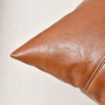 2 Packs Brown Boho Lumbar Faux Leather Decorative Throw Pillow Covers 12X20 Inch for Living Room Couch Bed Sofa, Hand Stitched Rectangle Cushion Case, Rustic Modern Farmhouse Home Decor