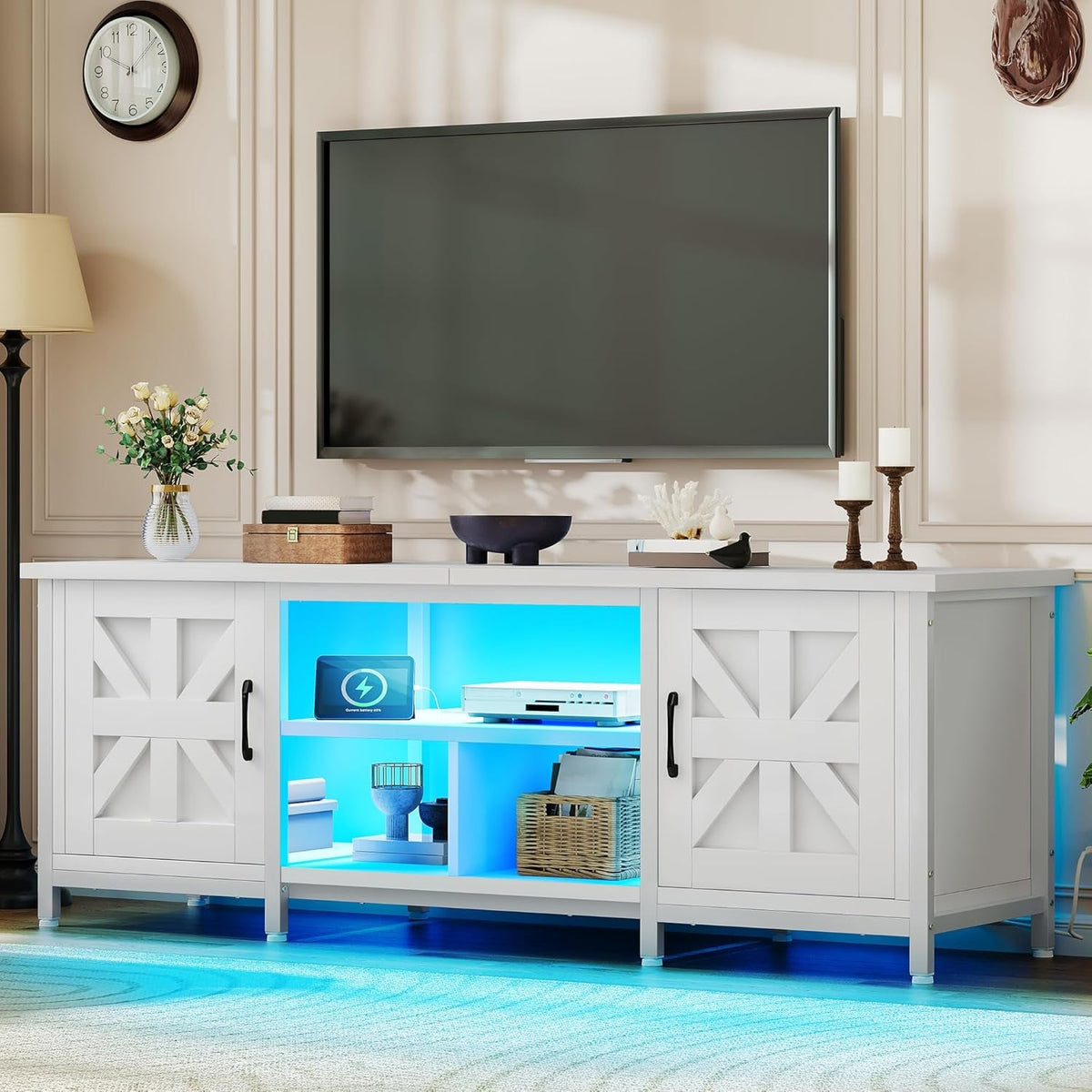 TV Stand with LED Lights & Charging Station, Farmhouse Entertainment Center with Storage Cabinets & Shelves, Cross-Pattern Doors, Fits Tvs up to 70'', TV Consoles for Living Room, White
