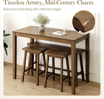 Dining Table Set for 4, Counter Height Table and Chairs, Kitchen Table Set with Bench and 2 Chairs, Small Breakfast Bar Dining Set, Rustic Caramel