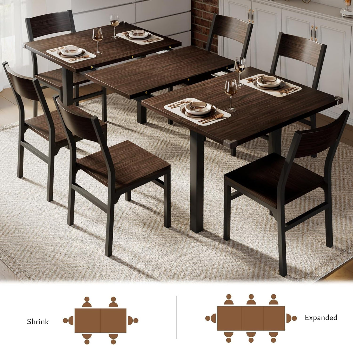 7 Pieces Dining Table & Chairs Set for 4-6, 63" Extendable Kitchen Table and 6 Chairs, Dining Room Table with MDF Board & Metal Frame, Perfect for Small Space, Easy Clean, Espresso