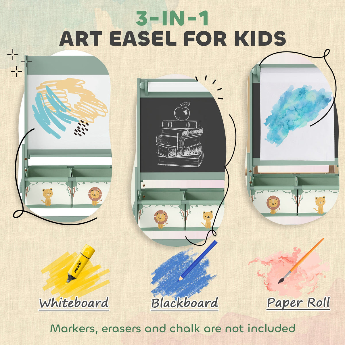 Art Easel for Kids, Double-Sided Whiteboard & Chalkboard with Paper Roll, Storage Baskets for Toddlers Ages 3-8, Green