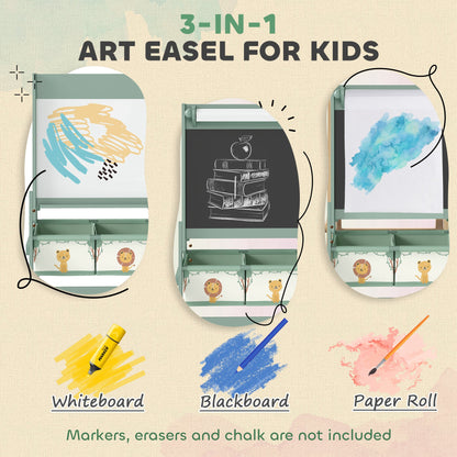 Art Easel for Kids, Double-Sided Whiteboard & Chalkboard with Paper Roll, Storage Baskets for Toddlers Ages 3-8, Green