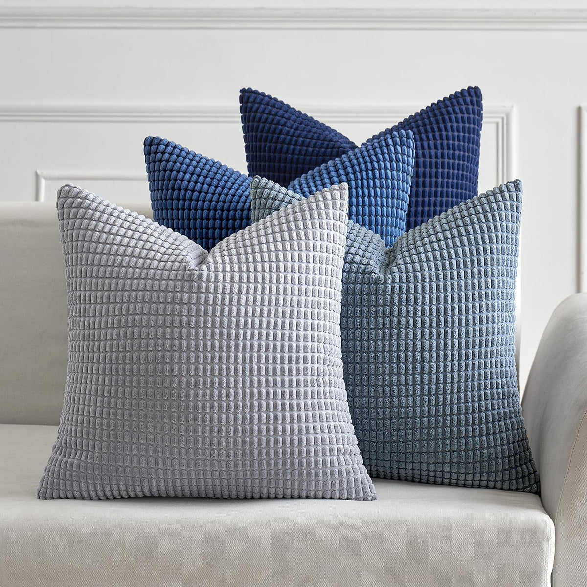 Blue Decorative Pillow Covers 20X20 Inch Set of 4 Boho Western Farmhouse Home Decor Couch Throw Pillows Summer Coastal Corduroy Couch Pillowcases Industrial for Sofa Living Room Bed