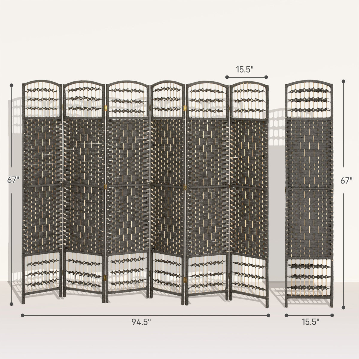 6 Panel Folding Room Divider Portable Privacy Screen Wave Fiber Room Partition for Home Office Dark Gray