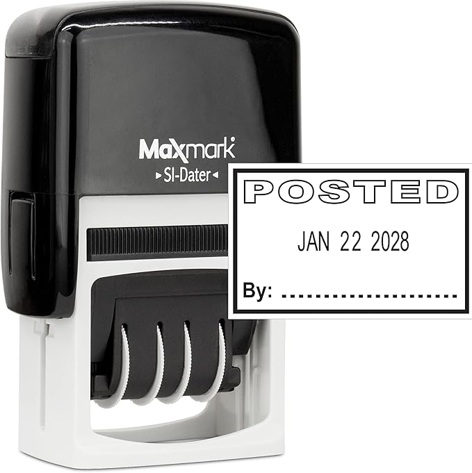 MaxMark Office Self Inking Date Stamp with Phrase Posted - Black Ink
