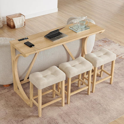 5-Piece Bar Table Set with Built-In Power Outlets, Light Oak