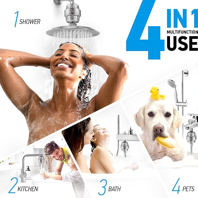 AquaHomeGroup Handheld Shower Head with Filter - 20 Stage Filtration Shower Filter for Hard Water - Vitamin C E and A and 4x filter cartridge bundle