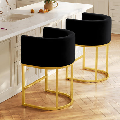 24" Modern Counter Height Bar Stools,Velvet Fabric Upholstered Barrel Barstools with Backs,Island Chairs Bar Stools Set of 1,Metal Gold Frames,Ink Black Velvet