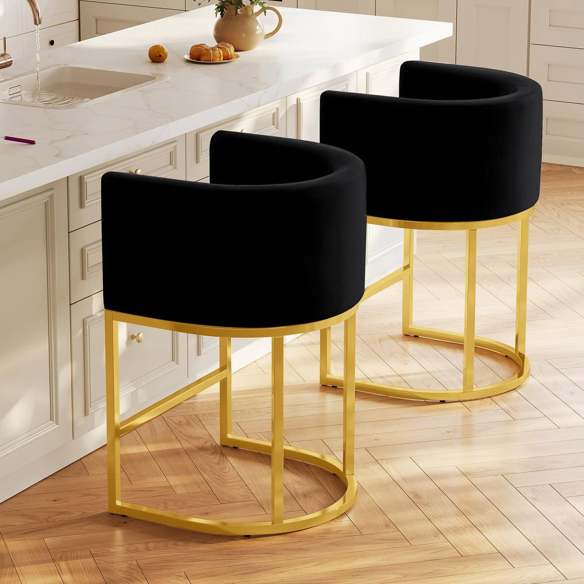 Modern Counter Height Bar Stools,Bar Stools Set of 3,Velvet Fabric Upholstered Barrel Barstools with Backs,24'' Kitchen Island Chairs,Metal Gold Frames,Ink Black Velvet