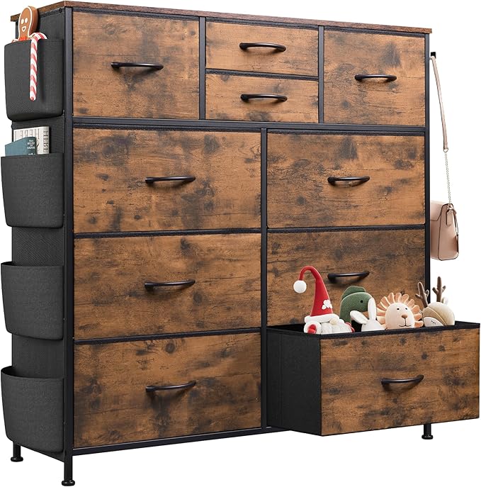 WLIVE Fabric Dresser for Bedroom with 10 Drawers, Chest of Drawers with Side Pockets and Hooks, Sturdy Metal Frame, Drawers Organizer Unit for Living Room, Hallway, Rustic Brown Wood Grain Print