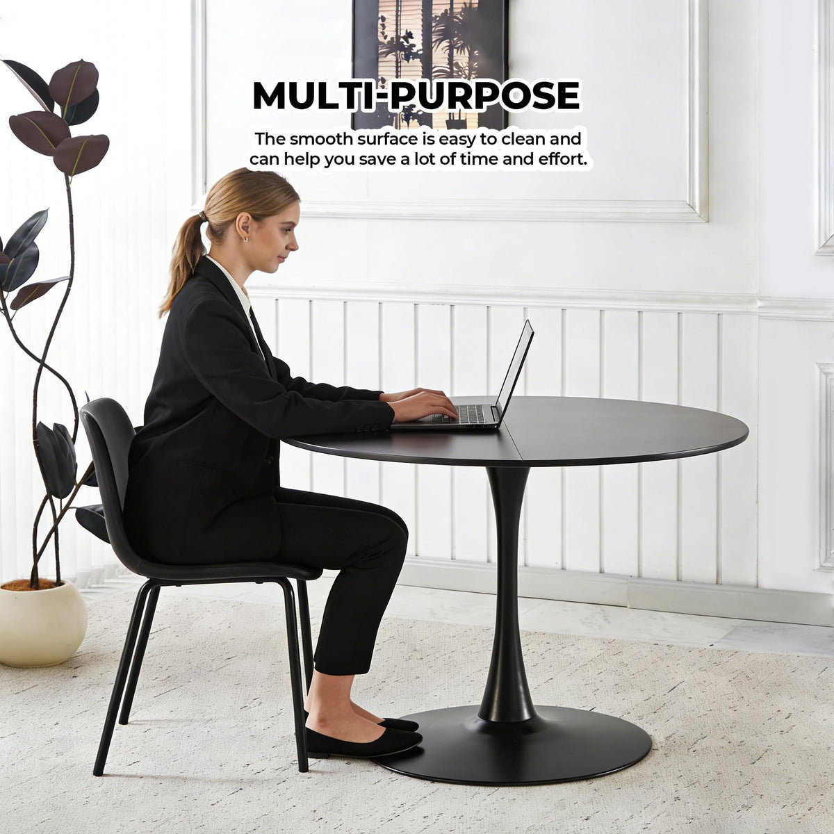 42" Tulip Table for 4-6 Persons Modern Round Dining Room Table, Mid-Century Modern Black Small Kitchen Table with MDF Wooden Top, Leisure Coffee Table for Living Room, Dining Room, Office