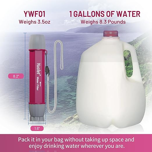 YWF01 Personal Filter Straw for Drinking Survival, Portable Water Purifier Filtration System Survival Gear and Supplies for Camping, Hiking, Travel, and Emergency Preparedness (Plum Red, Pack of 2)