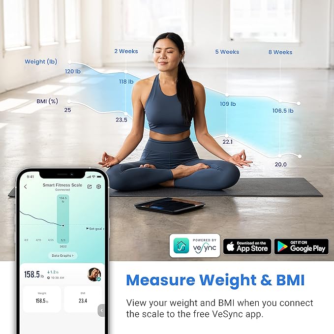 Etekcity Smart Scale for Body Weight and BMI, Bathroom Digital Electronic Weighing Scale for People, Bluetooth Free VeSync APP Connection, Rounded Corner, Accurate to 0.1lb/0.05kg, 400 lbs, Black