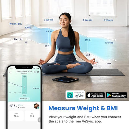 Etekcity Smart Scale for Body Weight and BMI, Bathroom Digital Electronic Weighing Scale for People, Bluetooth Free VeSync APP Connection, Rounded Corner, Accurate to 0.1lb/0.05kg, 400 lbs, Black
