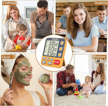 FCXJTU Digital Dual Triple Kitchen Timer, 3-Channel Magnetic Countdown Timer for Cooking, Large Display Stopwatch Multi Food Classroom Timer Loud Alarm for Seniors Teachers Battery Included (Orange)