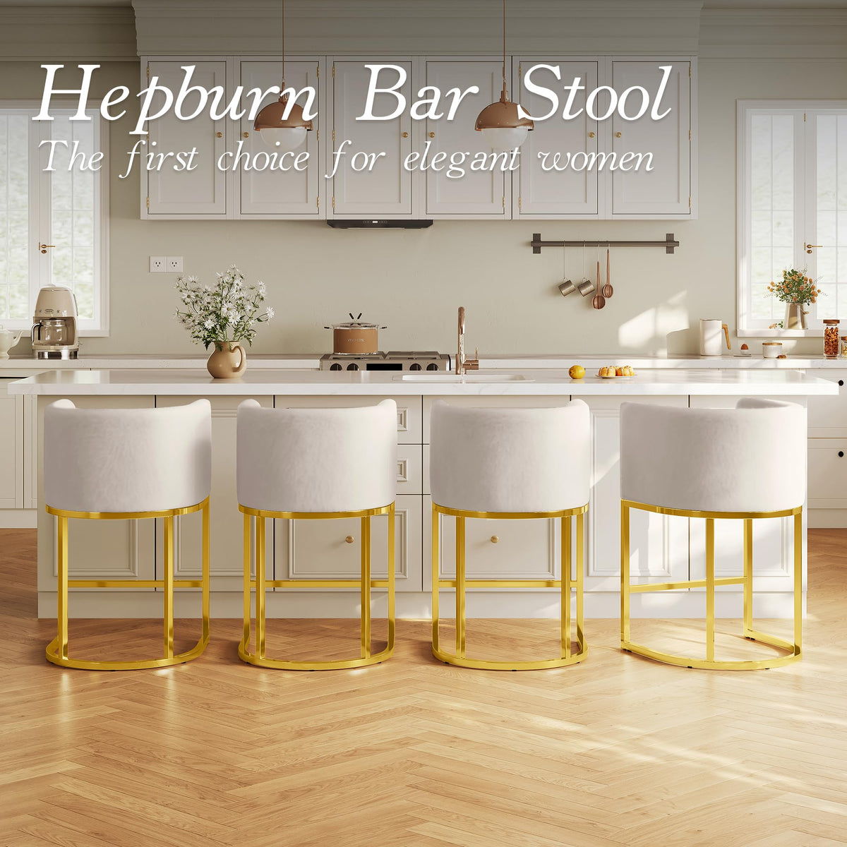 Modern Counter Height Bar Stools,Bar Stools Set of 2,Velvet Fabric Upholstered Barrel Barstools with Backs,26'' Kitchen Island Chairs,Metal Gold Frames,Beige White Velvet