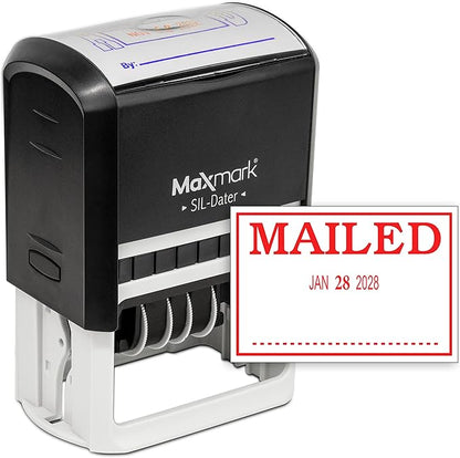 MaxMark Large Self-Inking Rubber Date Office Stamp with Mailed Phrase & Date - Red Ink, 12-Year Band - Style 3