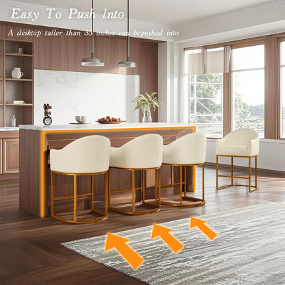 Counter Height Bar Stools Set of 2,Modern Counter Height Bar Stools,PU Leather Upholstered Barrel Barstools with Backs,26'' Kitchen Island Chairs,Metal Gold Frames,Beige White Leather