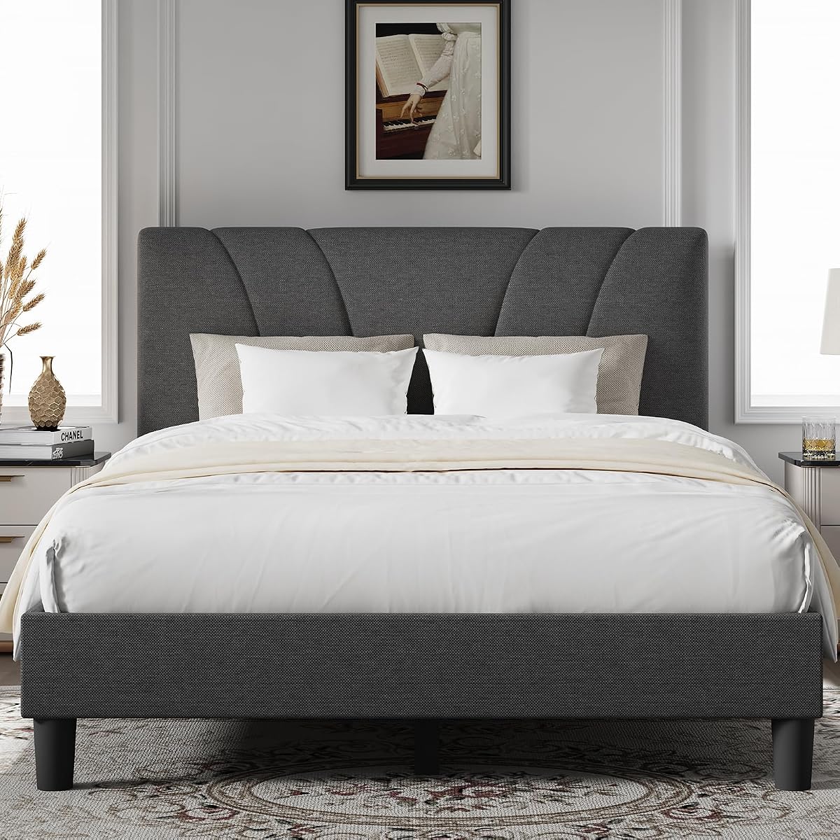 Queen Size Bed Frame Upholstered Queen Bed Frame with 3-Height Adjustable Headboard, Strong Weight Capacity, No Box Spring Needed, Easy Assembly, Grey