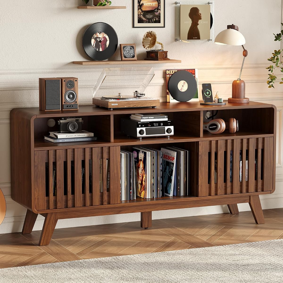 59"Large Vinyl Record Cabinet with Built-in Charging Station,Walnut | Mid Century Modern TV Stand for TVs up to 65", Record Player Table Holds 500+ Vinyl Records, Turntable Stand for Living room