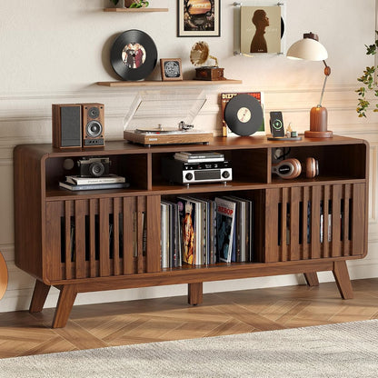 59"Large Vinyl Record Cabinet with Built-in Charging Station,Walnut | Mid Century Modern TV Stand for TVs up to 65", Record Player Table Holds 500+ Vinyl Records, Turntable Stand for Living room