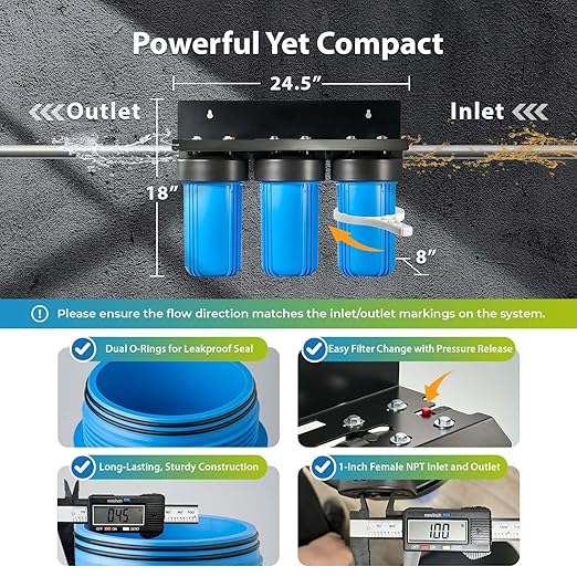 iSpring 3-Stage Whole House Water Filter System, Reduces Iron, Manganese, Hydrogen Sulfide, Heavy Metals, Chlorine, Sediments, 10” x 4.5” Filters, 1” Inlet/Outlet, Model: WGB31B-MKS