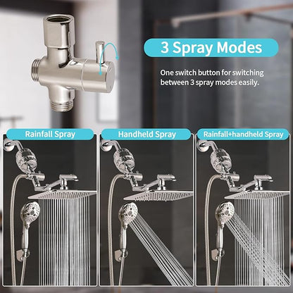 10'' Dual 20 Stage Filtered Shower Head with Handheld, 6 Spray Settings Handheld Shower Head High Pressure Rainfall Filter Combo with 12'' Adjustable Extension Arm, 71'' Shower Hose (Brushed Nickel)