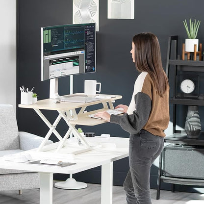 VIVO 42 inch Desk Converter, K Series, Height Adjustable Sit to Stand Riser, Dual Monitor and Laptop Workstation with Wide Keyboard Tray, Light Wood Top, White Frame, DESK-V042KF