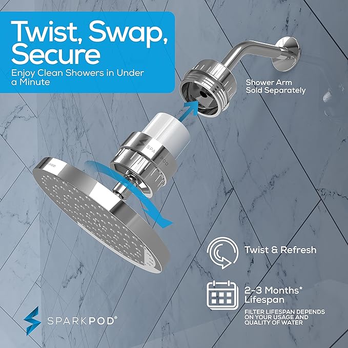 SparkPod Luxury Filtered Shower Head Set 23 Stage Shower Filter - Reduces Chlorine and Heavy Metals - High Pressure Showerhead Filter (8" Round, Luxury Polished Chrome)