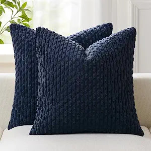 Kevin Textile Soft Corduroy 24x24 Inch Pillow Covers 2 Pack, Navy Blue | Boho Stripe Plush Corduroy Decorative Throw Cushion Euro Pillow Cases Modern Farmhouse Home Decor for Sofa Couch Bed