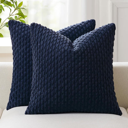 Kevin Textile Soft Corduroy 24x24 Inch Pillow Covers 2 Pack, Navy Blue | Boho Stripe Plush Corduroy Decorative Throw Cushion Euro Pillow Cases Modern Farmhouse Home Decor for Sofa Couch Bed
