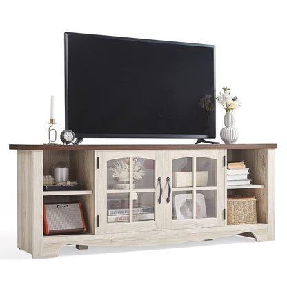 Farmhouse TV Stand for 65 Inch TV, Wood Entertainment Center with Glass Door Storage Cabinet & Adjustable Shelves, Large Sturdy TV Console Table for Living Room Bedroom